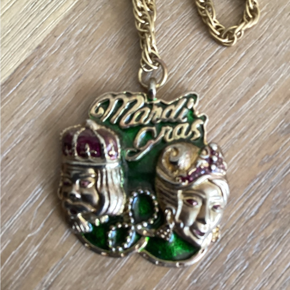 Vintage Mardi Gras Pendant Necklace with Green and Gold Accents